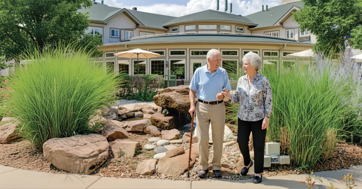 Gardens at Columbine residents walking beside the landscaped courtyard water feature.
