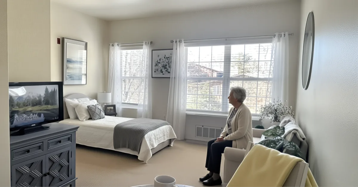 Gardens at Columbine furnished studio apartment with a bed, sitting area, and resident by the window.